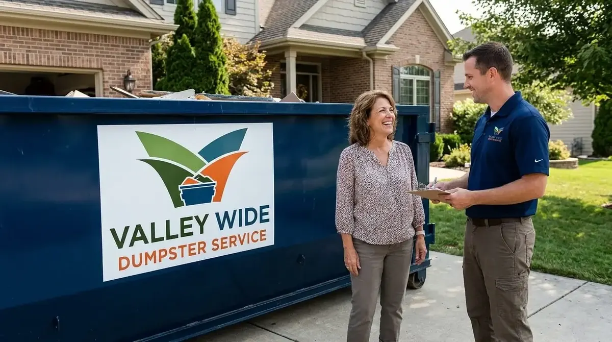 A Valley Wide Dumpster Service roll-off truck delivering a container in Phoenix